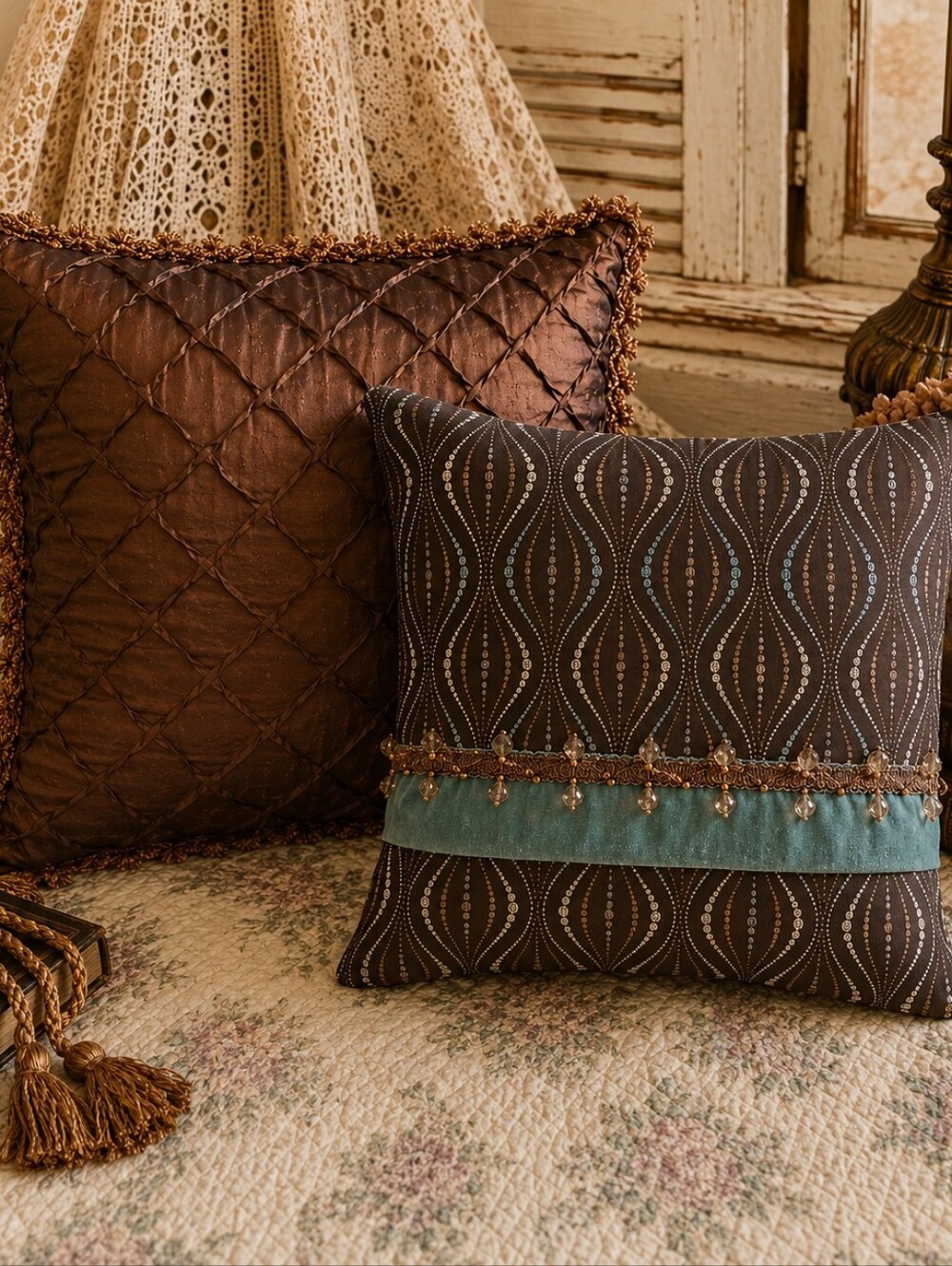 Vintage Brown Teal Beaded Pillow Pair Boho Decor